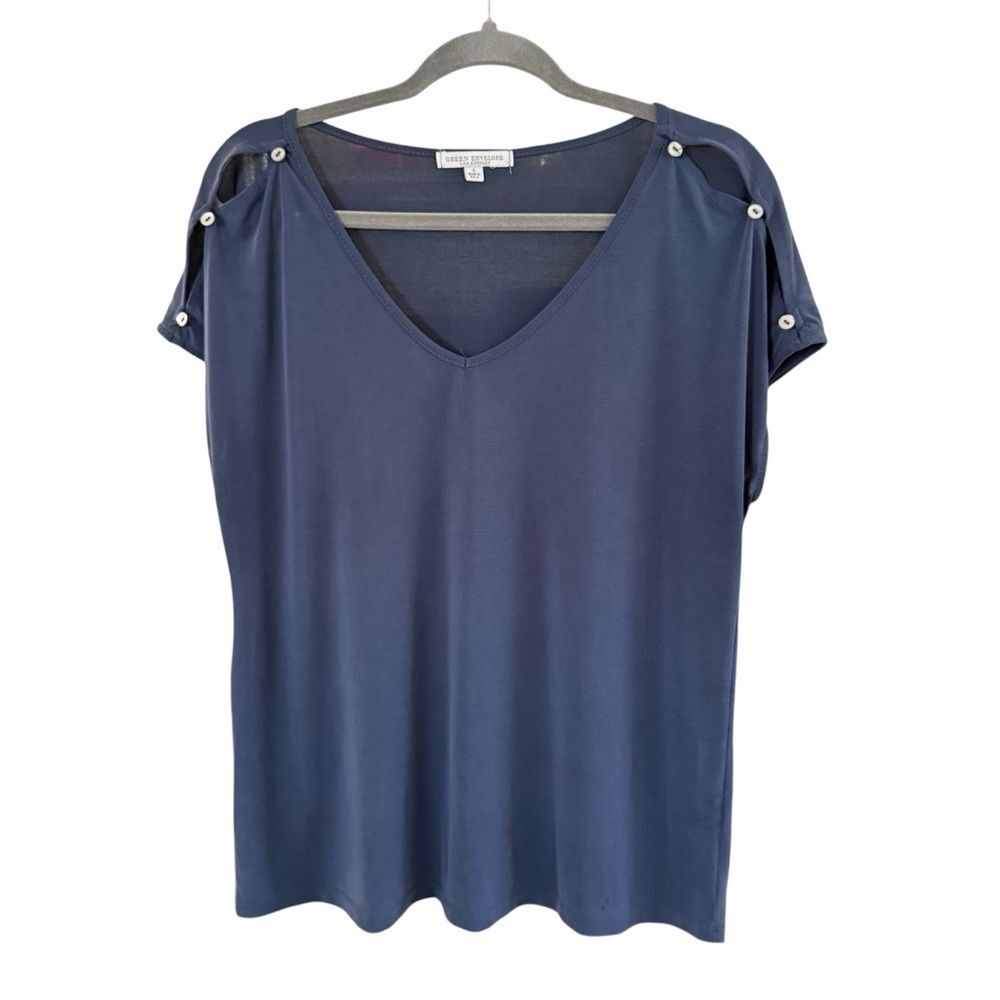 Green Envelope Blue Relaxed Buttoned Cold Shoulder Blouse